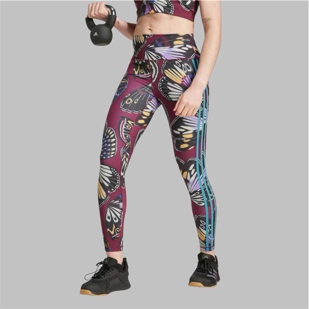 Adidas Farm Rio Butterfly Leggings Women Size XS Tight Fit Black Amazon Red - Picture 10 of 11